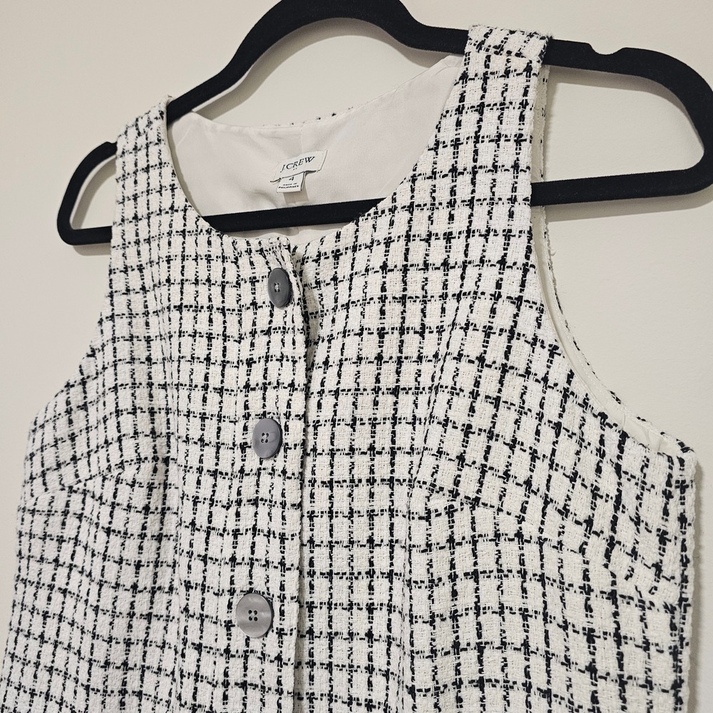 J.Crew Tweed Shift Dress 4 White Black Button Front Plaid Office Mod Preppy Twee - Picture 4 of 8
